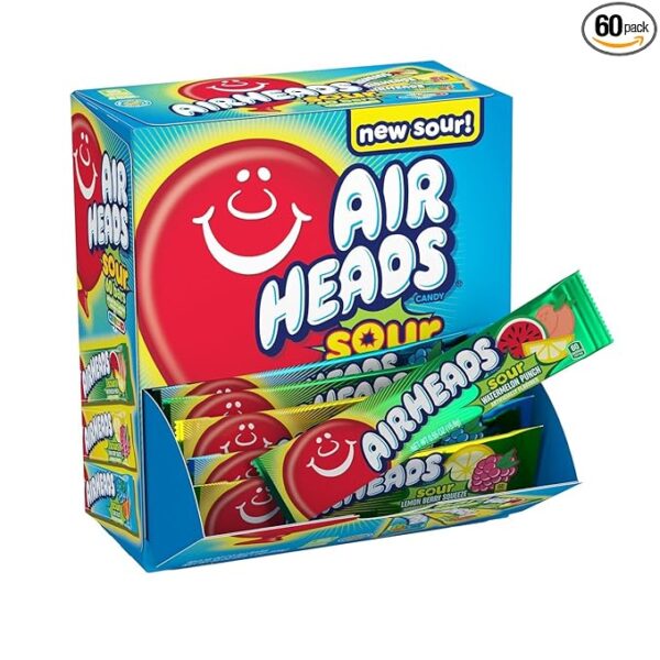 Airheads Sour Full-Size Candy Bars, Taffy Candy Variety Bulk Box, Individually Wrapped Candy, Three Assorted Flavors, 60 Count Box