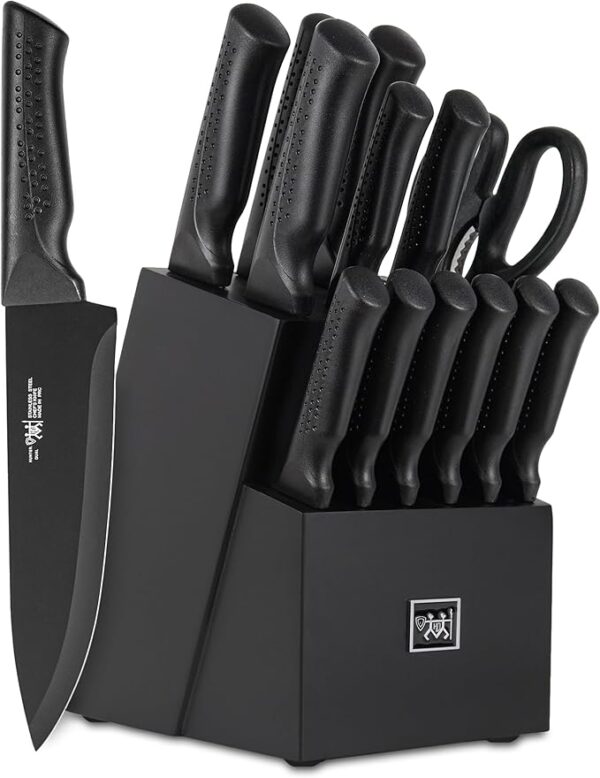 Limited time deal 60% OFF Knife Set, 15 Pcs Kitchen Knife Set with Block Self Sharpening, Dishwasher Safe, 6 Steak Knives, Anti-slip handle,