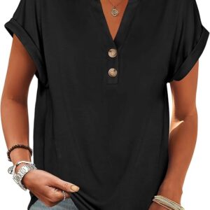 ANRABESS Womens Short Sleeve Henley Tops V Neck Dressy Casual Loose Fit Shirts Summer Flowy Blouses 2025 Trendy Clothes