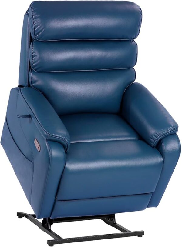 Dual Motor Lay Flat Power Lift Recliner Chair for Elderly, Leather Lift Chairs for Adults, Power Recliner Lift Sofa with Heat and Massage and Charging Ports, Navy Blue