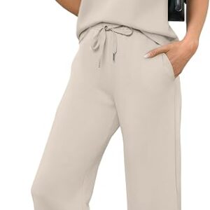 Saloogoe Two Piece Sets for Women Summer Outfits Lounge Sets V Neck Tops Wide Leg Pants Woman Vacation Travel Outfits