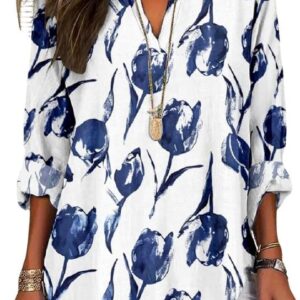 Boho Floral Linen Shirt for Women V Neck Long Sleeve Blouse Vintage Printed Casual Loose Fit Fall Tunic Tops