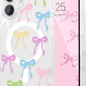 UEEBAI Magnetic for iPhone 16 Plus Case, Bow Case Compatible with MagSafe, Spring Feeling Wireless Slim Clear Ribbon Aesthetic Cover Anti-Yellowing Protective Cover for Women Girl - Colorful