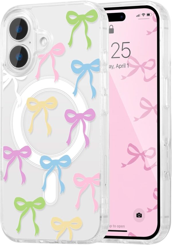 UEEBAI Magnetic for iPhone 16 Plus Case, Bow Case Compatible with MagSafe, Spring Feeling Wireless Slim Clear Ribbon Aesthetic Cover Anti-Yellowing Protective Cover for Women Girl - Colorful