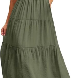 Women's Summer Casual Midi Dress Dressy Smocked Elastic Waist Tiered A-Line Dress Round Neck Short Sleeve Midi Dress