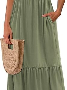 Women Summer Dresses 2025 Trendy Ruffle Sleeve V Neck Tiered Flowy A Line Casual Loose Beach Midi Dress with Pocket