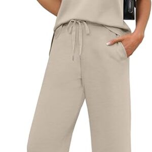 WIHOLL Two Piece Sets for Women Summer Travel Vacation Outfits Cap Sleeve Lounge Matching Sets Wide Leg Pants S-3XL
