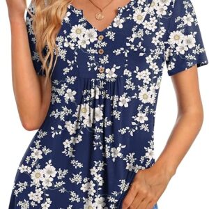 CATHY Womens Short Sleeve Tunic Tops Henley Shirt V Neck Button Up Blouse Casual Pleated Basic Pullover