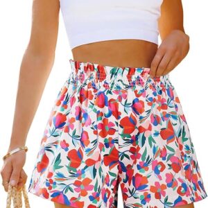 Womens Linen Shorts with Pockets Boho Ruffle Shorts Smocked Palm Print Beach Country