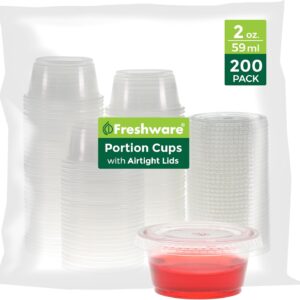 Freshware Plastic Portion Cups with Lids [2 Ounce, 200 Sets] Disposable Plastic Cups for Meal Prep, Salad Dressing, Jellos Shot Cups, Souffle Cups, Condiment and Dipping Sauce Cups