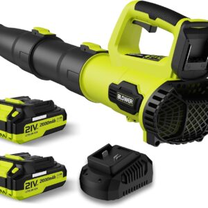 Leaf Blower, 21V Cordless Electric Blower with 2 2.0Ah Batteries and 1 Hour Fast Charger, Lightweight Leaf Blower for Patio Cleaning, Lawn Care, Blowing...