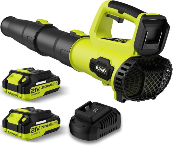 Leaf Blower, 21V Cordless Electric Blower with 2 2.0Ah Batteries and 1 Hour Fast Charger, Lightweight Leaf Blower for Patio Cleaning, Lawn Care, Blowing...