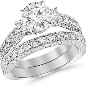 14K White Gold 2.5 Carat LAB GROWN DIAMOND Three Stone Vintage With Milgrain & Filigree Bridal Set with Wedding Band & Round Cut Diamond Engagement