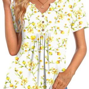 CATHY Womens Short Sleeve Tunic Tops Henley Shirt V Neck Button Up Blouse Casual Pleated Basic Pullover