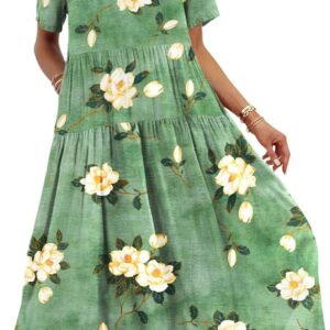 YESNO Women Casual Loose Bohemian Floral Dress with Pockets Short Sleeve Long Maxi Summer Beach Swing Dress EJF