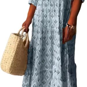 MARSVOVO Women's Floral Print Boho Maxi Dress Long Sleeve Mock Neck High Waist Casual Comfort Beach Flowy Tunic Dress