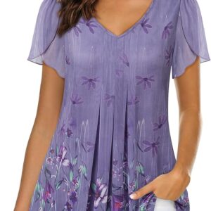 VALOLIA Womens Tops Short Sleeve Shirts Casual V Neck Blouse Double Layers Mesh Tunics Tops
