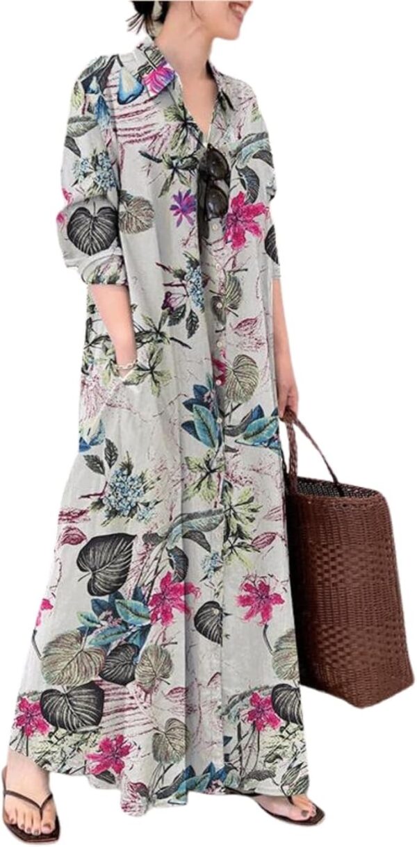 LOAIHA Women's Casual Button Down Cotton Linen Maxi Dress Long Sleeve Lapel Loose Plus Size Shirt Dresses with 2 Pockets