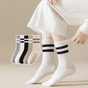 Socks for Women Cute Cotton Crew Thin Dress Casual Athletic Breathable Ladies Socks 5 Pairs for US Size 5-10 (Stripe)