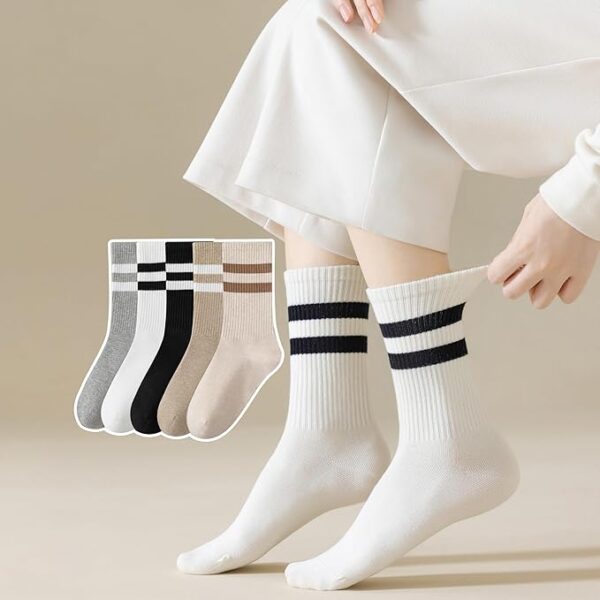 Socks for Women Cute Cotton Crew Thin Dress Casual Athletic Breathable Ladies Socks 5 Pairs for US Size 5-10 (Stripe)