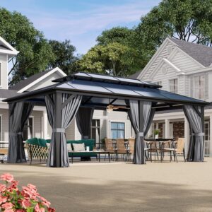 Aoxun 12'x20' Hardtop Gazebo, Aluminum Frame Permanent Pavilion with Curtains and Netting, Outdoor Polycarbonate Double Roof Canopy, Designed for.