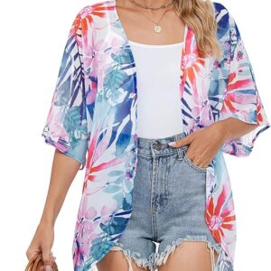 Zando Short Sleeve Kimono Cardigans Floral Kimono Cover Ups Womens Casual Shawl Cardigan Loose Open Front Kimono Tops