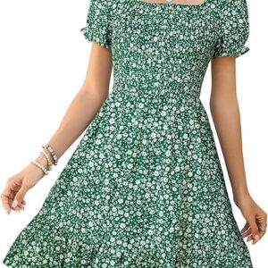 Lyrur Women's Short Sleeve Summer Dresses 2025 Spring Casual Square Neck Easter Dress A-Line Tiered Sundress with Pockets