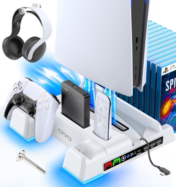 PS5/Slim/Pro Stand and Cooling Station with LED Controller Charging Station for PlayStation 5 Console, Controller Charger, Cooling Stand, PS5/Slim/Pro Accessories Kit with 3 Level Cooler Fan