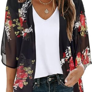 Women's Floral Print Puff Sleeve Kimono Cardigan Loose Cover Up Casual Blouse Tops