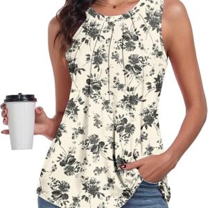 syoss Women's Summer Tank Tops Pleated Round Neck Sleeveless Tops