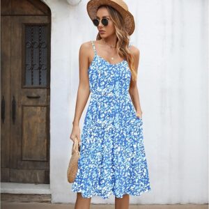 Casual Dresses for Women Sleeveless Summer Beach Dress A Line Spaghetti Strap Sundresses with Pockets Floral