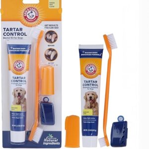 Arm & Hammer for Pets Tartar Control Kit for Dogs Contains Toothpaste, Toothbrush & Fingerbrush Reduces Plaque & Tartar Buildup, 3-Piece Kit, Banana Mint Flavor (Pack of 1)