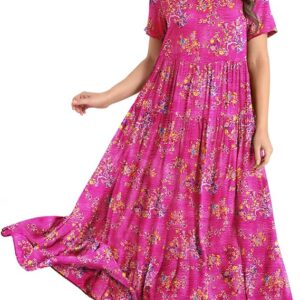 YESNO Women Casual Loose Bohemian Floral Dress with Pockets Short Sleeve Long Maxi Summer Beach Swing Dress EJF