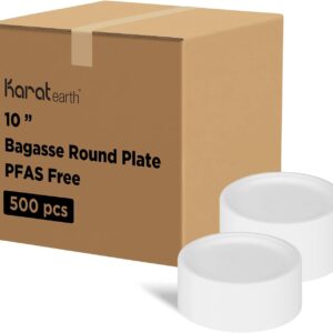 Karat Earth Bagasse Compostable Plates - Biodegradable, Natural, Microwaveable-Safe, PFAS-Free, 10-Inch, Case of 500
