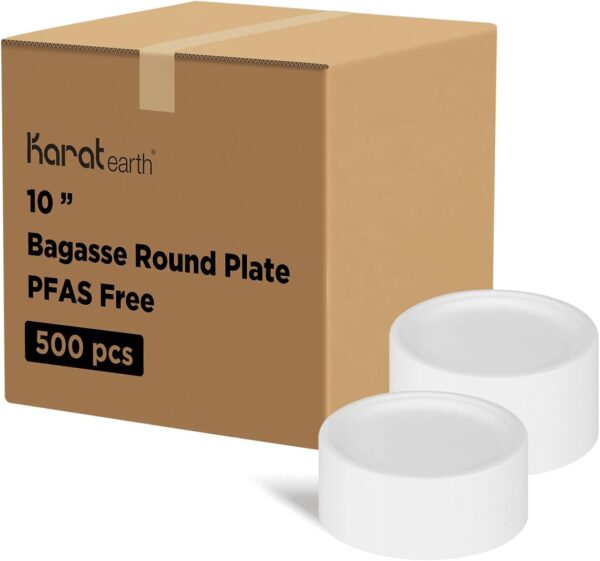 Karat Earth Bagasse Compostable Plates - Biodegradable, Natural, Microwaveable-Safe, PFAS-Free, 10-Inch, Case of 500