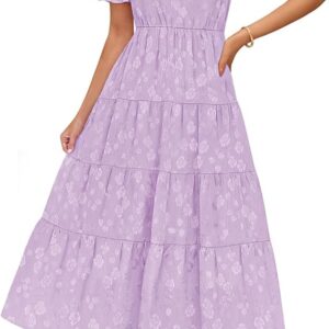 ZESICA Womens 2025 Summer Puff Short Sleeve Midi Dress Floral V Neck Textured Ruffle Flowy Beach Party Dresses