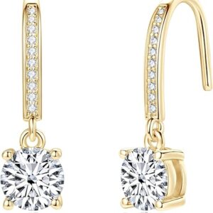 Diamond Hook Earrings, 18K White Gold Plated D Color Round Cut 925 Sterling Silver