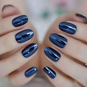 Blue Chrome Press On Nails Medium Oval, 24Pcs Blue Fake Nails Holographic Mirror Glossy Gel Solid Color, Stick Glue On Nails