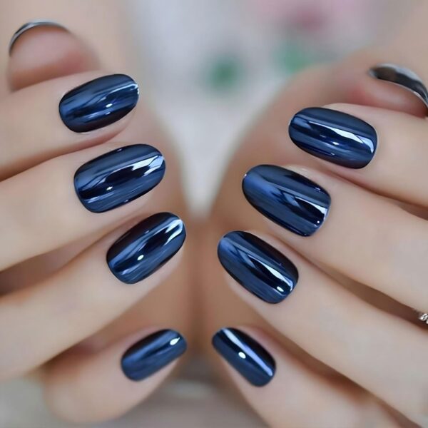 Blue Chrome Press On Nails Medium Oval, 24Pcs Blue Fake Nails Holographic Mirror Glossy Gel Solid Color, Stick Glue On Nails