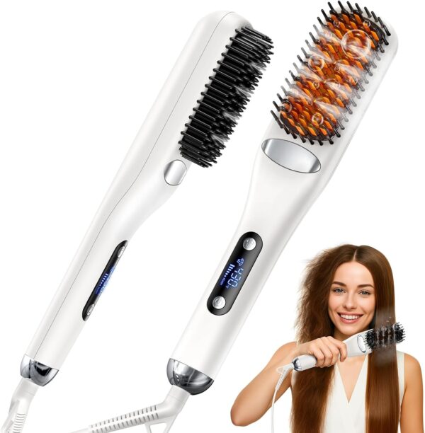 Click to see full view  Ask Rufus  Can it be used on wet hair?   Does it have an automatic shut-off feature?   Is this good for curly hair?   Ask something else Hair Straightener Brush, 13 Temperature Settings, 3s Fast Heating, Steam Technology, Anti-Burn Protection, Travel-Friendly