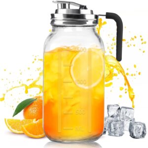 Glass Pitcher With Lid,304 Stainless Steel Lid,2 Seal Ring,64 oz(2 Quart/1.8 Liter),Mason Jar Cold Brew Water Iced Tea Brewing Breast Milk Pitcher,Sun Tea...