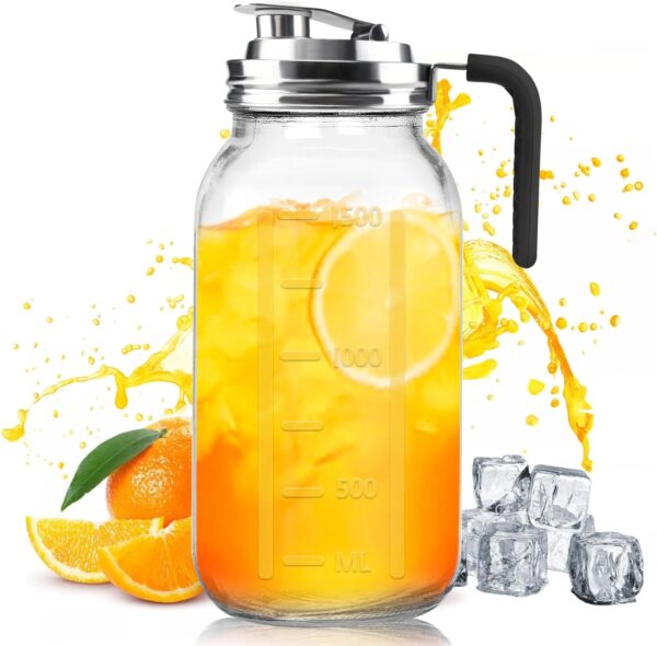 Glass Pitcher With Lid,304 Stainless Steel Lid,2 Seal Ring,64 oz(2 Quart/1.8 Liter),Mason Jar Cold Brew Water Iced Tea Brewing Breast Milk Pitcher,Sun Tea...