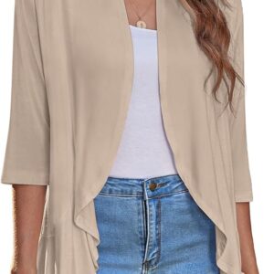 Zeagoo Women's Open Front Cardigan 3/4 Sleeve Draped Ruffles Soft Knit Sweaters S-3XL