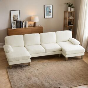 Karl home U-Shape Sectional Sofa Couch 111" Modern 4-Seat Sofa with Chaises Chenille Fabric Upholstered Covertible Couch with Wood Grain Legs for Living Room, Reception Room, Apartment,