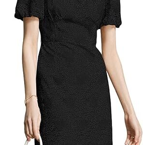Women's Lace Floral V-Neck Dress with Puff Sleeves and Back Zipper, Elegant and Romantic Design