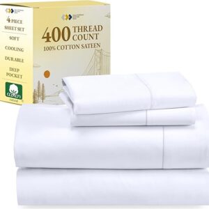 California Design Den Natural 100% Cotton Sheets Queen Size Bed Set - Soft 400 Thread Count Sateen, Queen Sheets, Deep Pockets with All Around Elastic for a Snug Fit, Cool & Durable Bedding - White