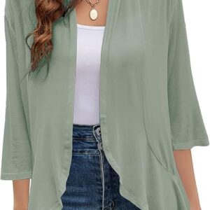 Yekaty Women Cardigan 3/4 Sleeves Open Front Lightweight Cardigan Draped Ruffles Knit Cardigan