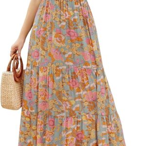 ZESICA Women's 2025 Summer Casual Floral Print Short Flutter Sleeve Crew Neck Smocked High Waist Flowy Maxi Dress